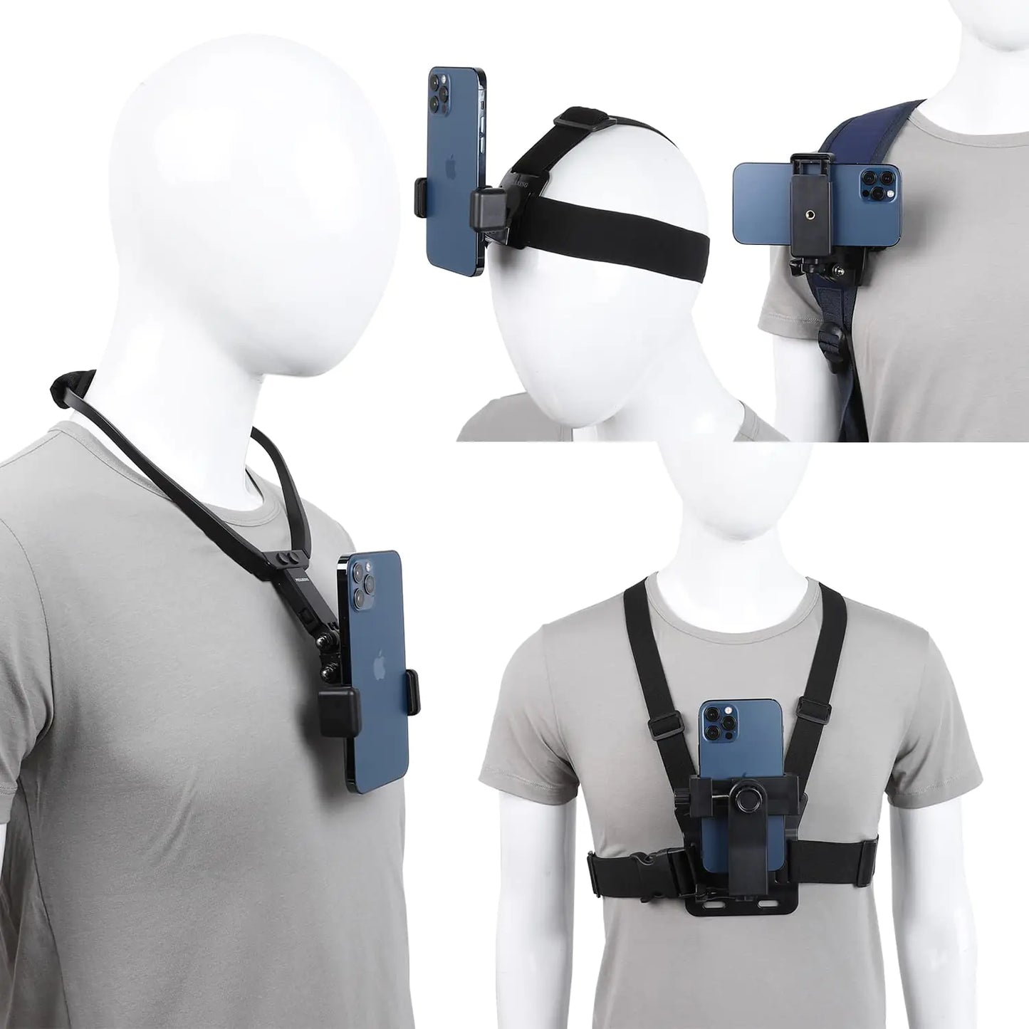 Cell Phone POV Mount Kit Phone Chest Harness Strap Mount +Head Strap Mount +Phone Selfie Neck Holder +Phone Backpack Strap MountCompatible with iPhone Samsung Smartphone GoPro Action Camera etc